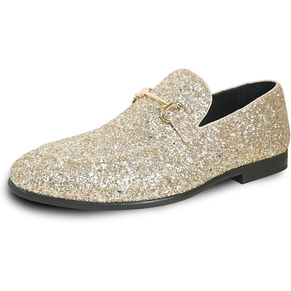 Bravo Mens Size 12 Gold Glitter Slip On Low Heel Formal Prom Loafer Shoes - Picture 1 of 6